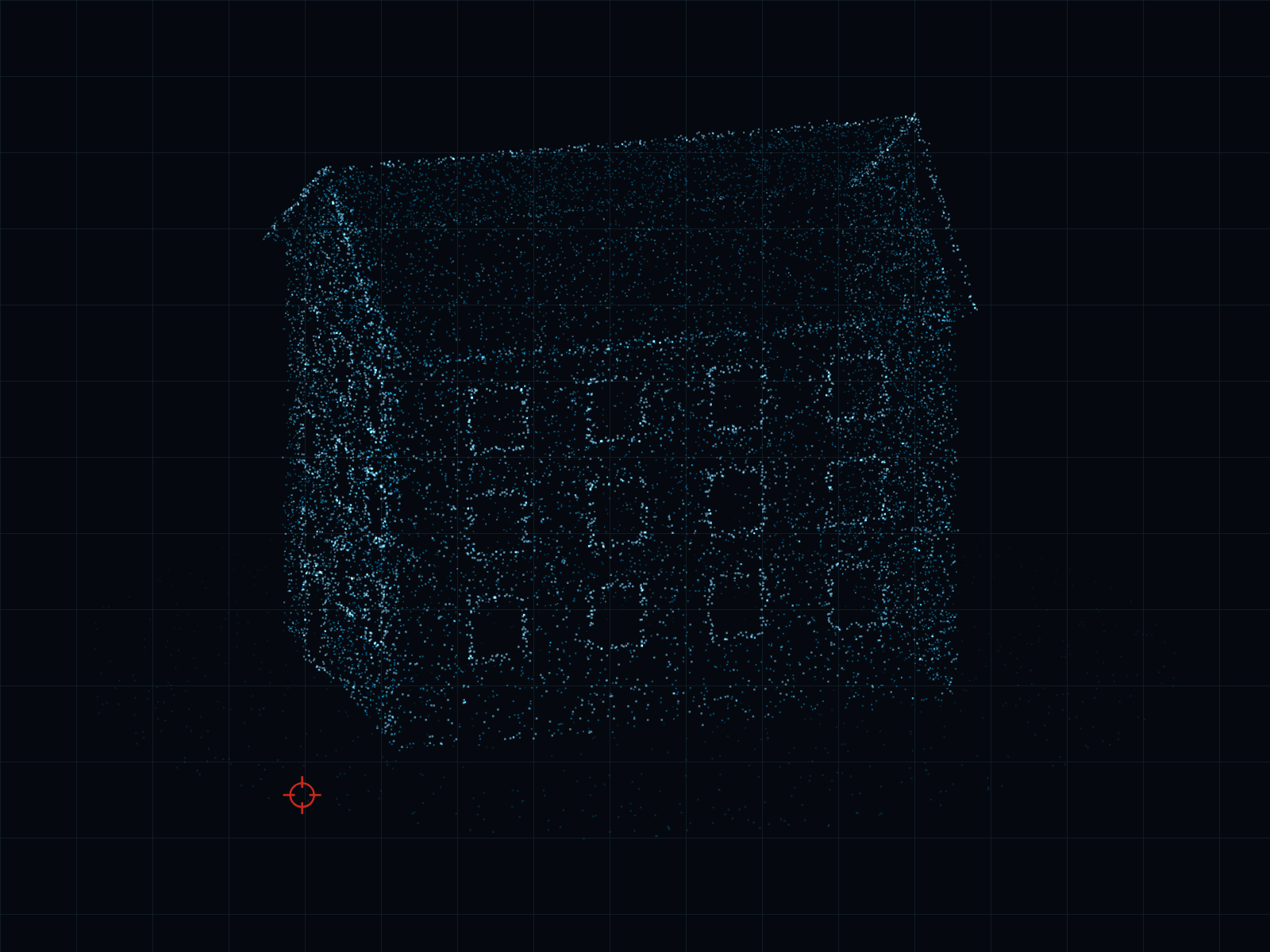 Point-cloud rendering of a narrow townhouse with a pitched roof and gable